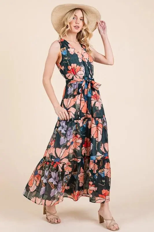 Lime 'N' Chili Floral Print Sleeveless Tie Waist Maxi Dress - Love Salve